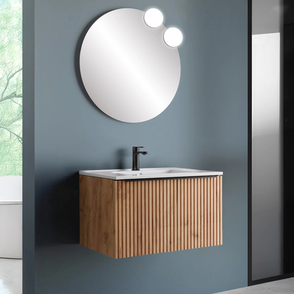 Mobile bagno sospeso 80 cm Rovere Africa cannettato con cassetto e lavabo Nara