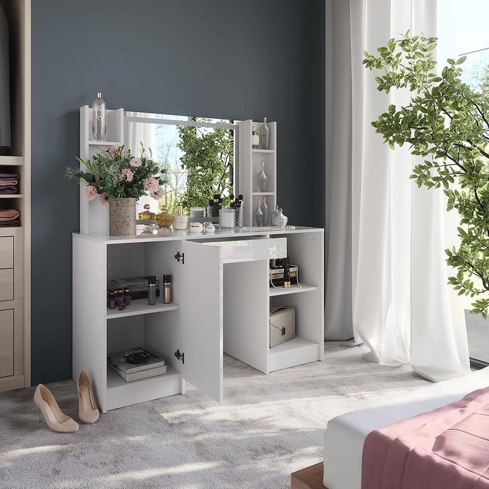 Tavolo da toeletta Sherry, Bianco/bianco lucido, 128.2 cm 4 parti
