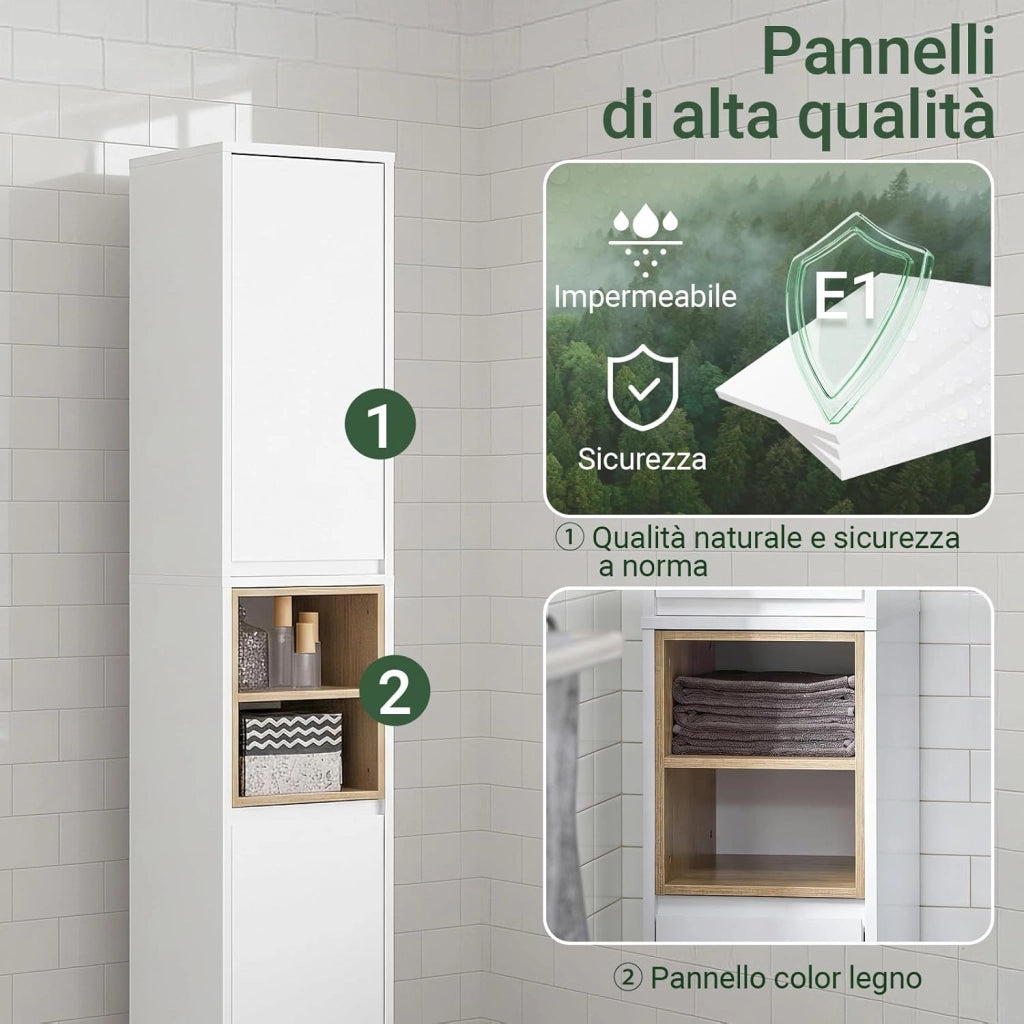 Mobile Bagno Alto e Stretto – Armadietto Salvaspazio con Ripiani Aperti e Ante – Mobiletto Bagno Bianco in MDF/PB, 30x170x30 cm, Modello BZR147-W