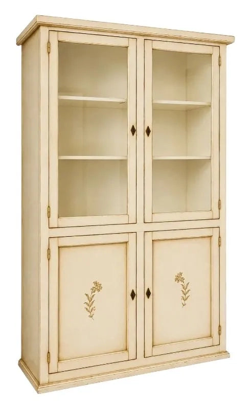 Vetrina 4 ante in legno shabby avorio anticato decorata 120x41x187 - Mobili 2G