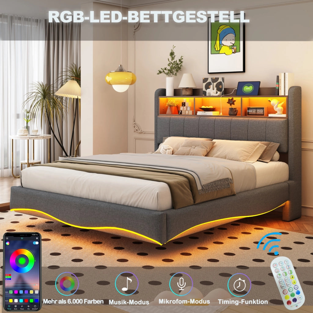 OKWISH Letto Imbottito 160×200 cm, Letto Matrimoniale con LED Regolabile, USB, Type C e Vano Testiera, senza Materasso, Grigio