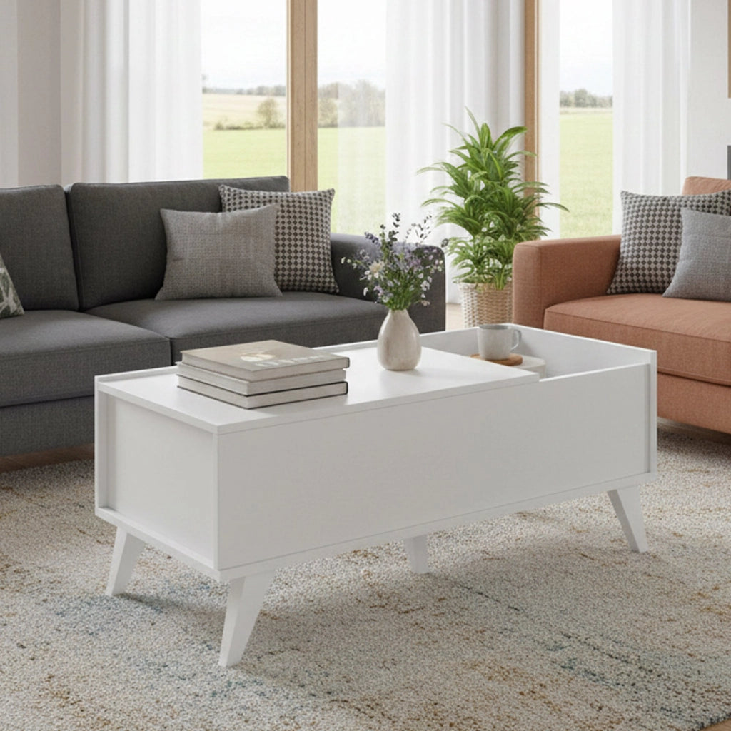 Tavolino da salotto Alexius, Tavolo basso da caffè, Portariviste per divano, Ripiano da soggiorno, 99x60 h41 cm, Bianco