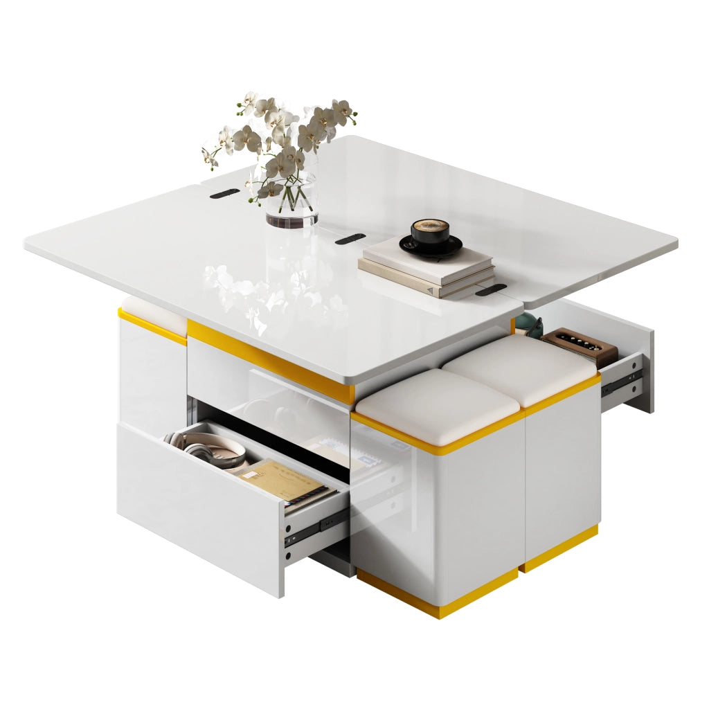 OKWISH Tavolino da Salotto Alzabile con 1 Cassetto, Vani Aperti e 4 Sgabelli Contenitore, 100 x 50 x 43 cm