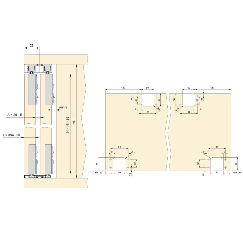 Kit di ferramenta per armadio 2 con porte scorrevoli e chiusura soft Flow2 con binari incassati 2,35 m, pannelli non i..