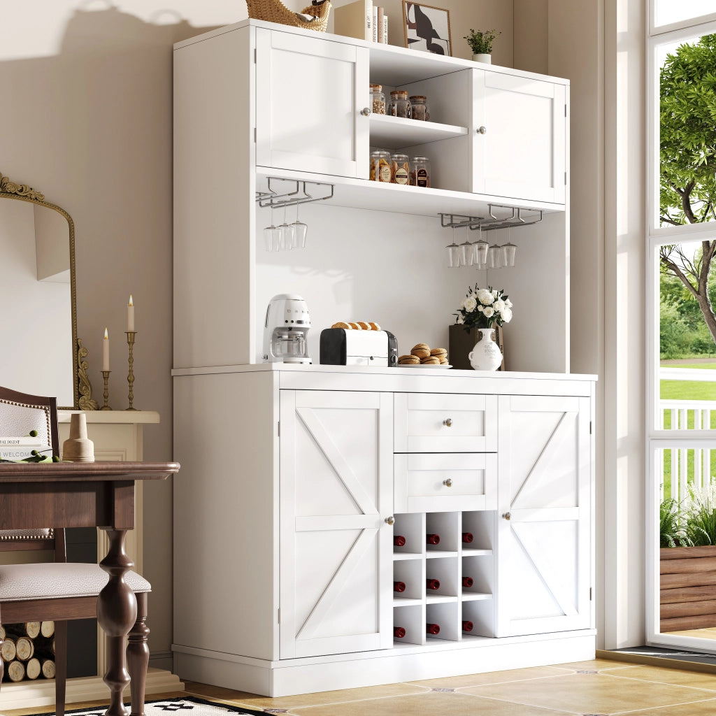 Credenza da Cucina Alta con 4 Ante; 2 Cassetti; Ripiani Regolabili e Portabottiglie; in MDF; 120x40x188 cm; Bianco