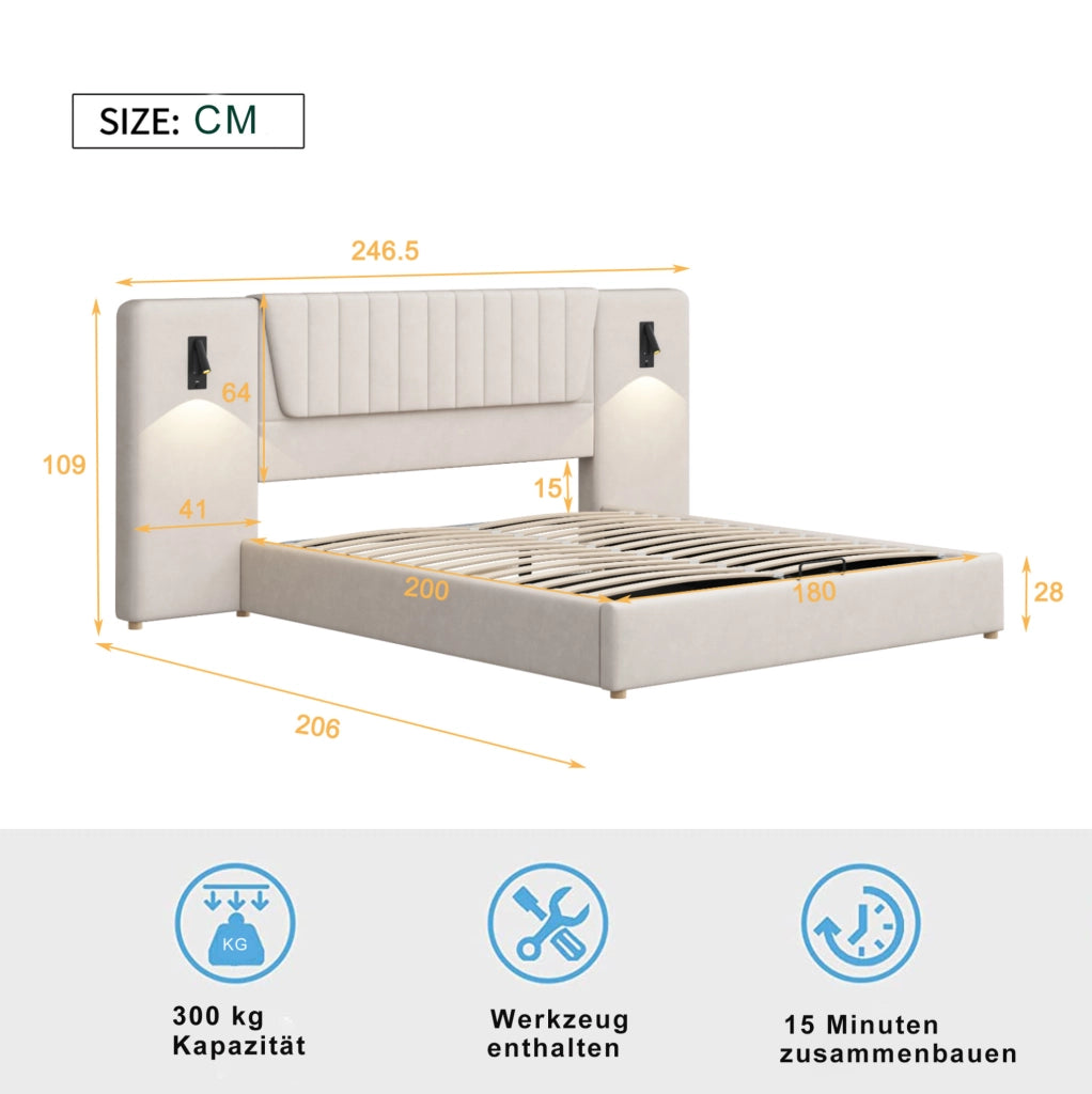 Letto matrimoniale imbottito 180x200 cm beige con contenitore