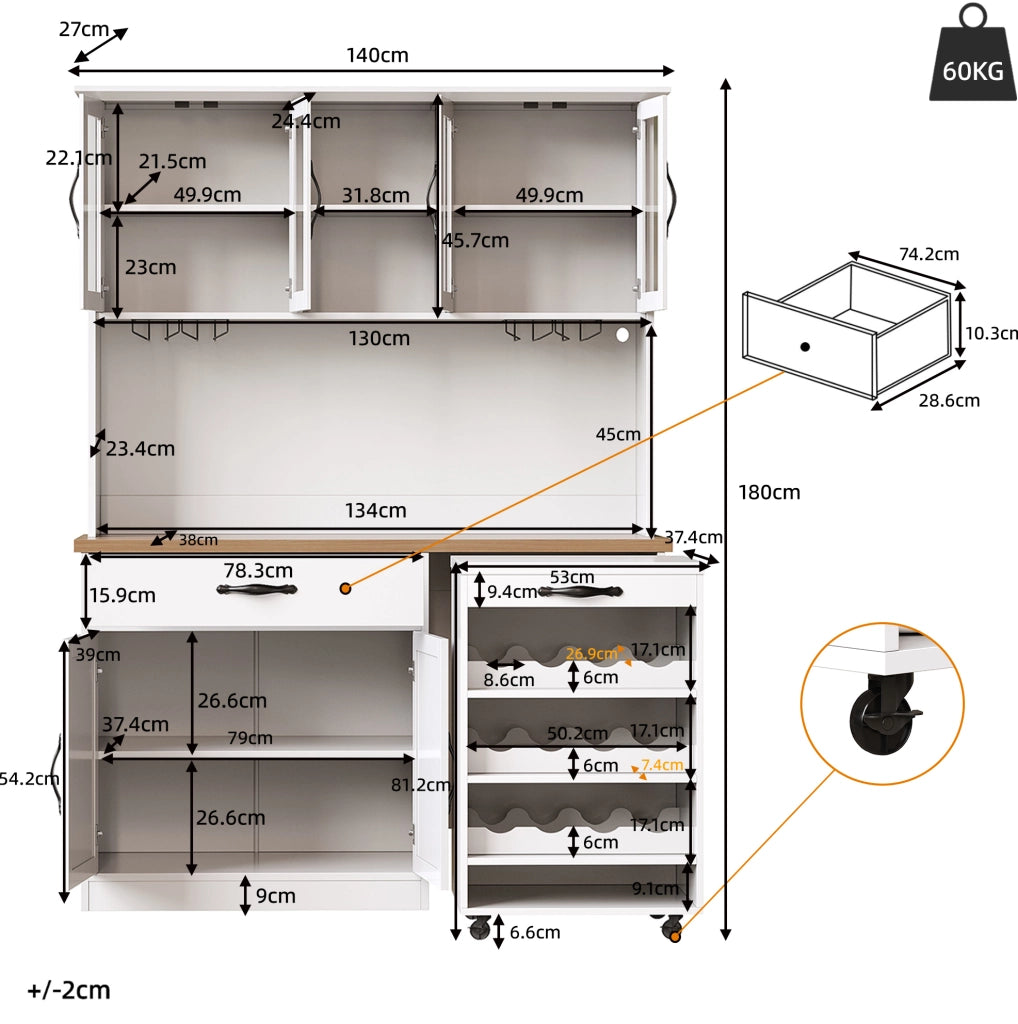 Mobile cucina 140 cm con carrello, LED e portabottiglie