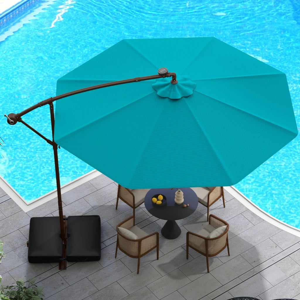 Ombrellone pendente da 3m con 32 luci LED pannello solare batterie sacco di sabbia, Ombrellone da esterno Azzurro-Ombrelloni