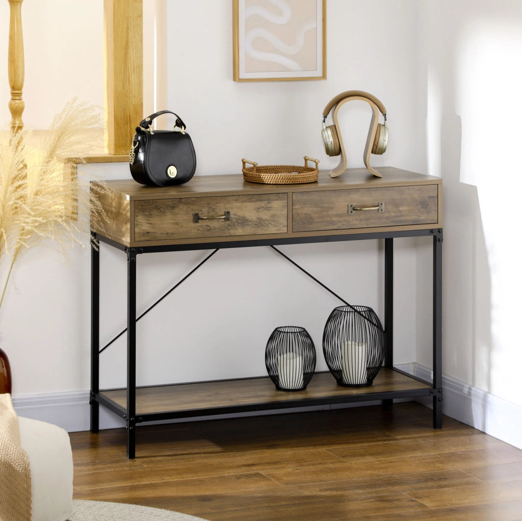 Tavolo consolle industriale marrone con 2 cassetti e ripiano, 100 x 35 x 76,5 cm