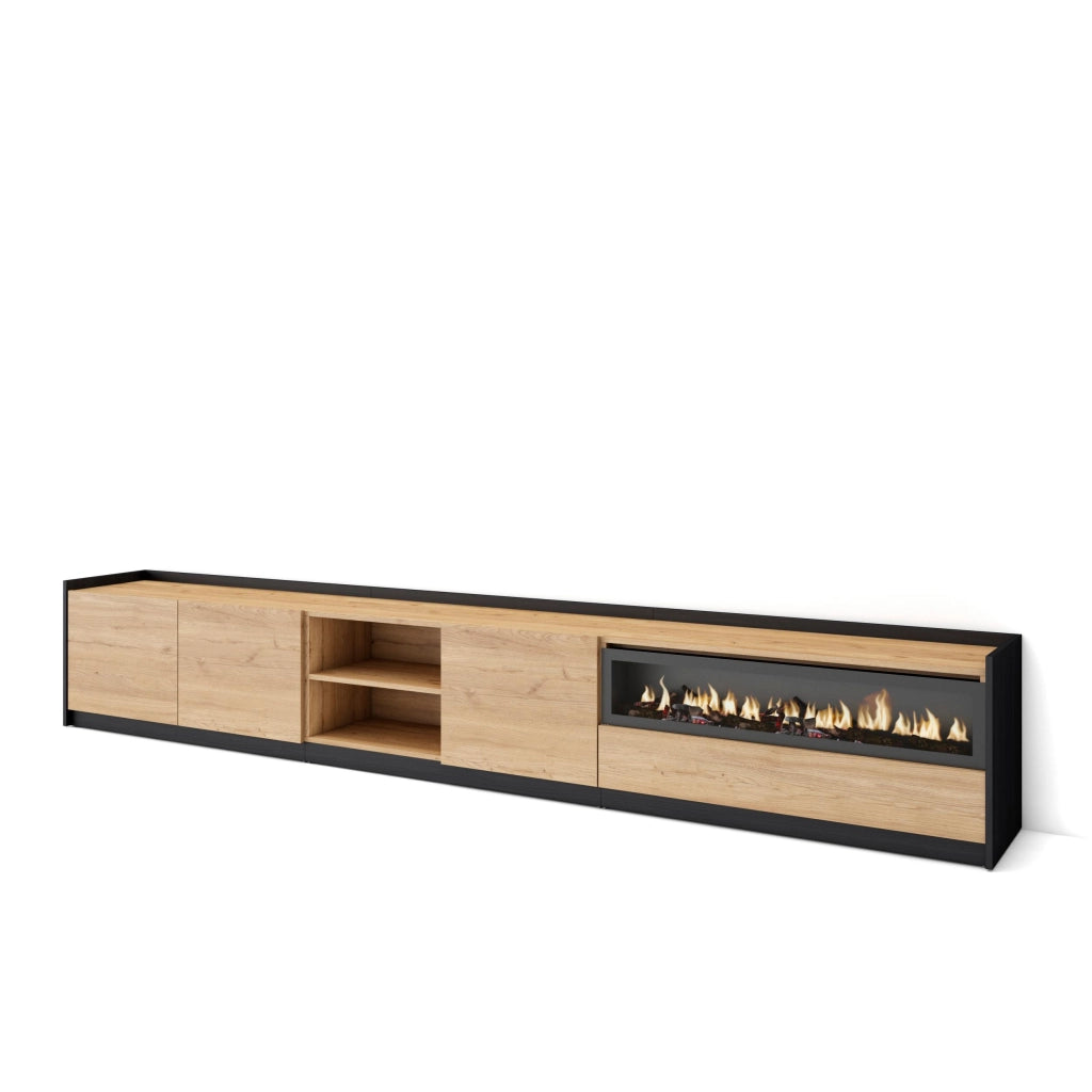 Mobile TV Soggiorno, 310x50x37 cm, Per TV fino a 80", Camino elettrico, Rovere e nero