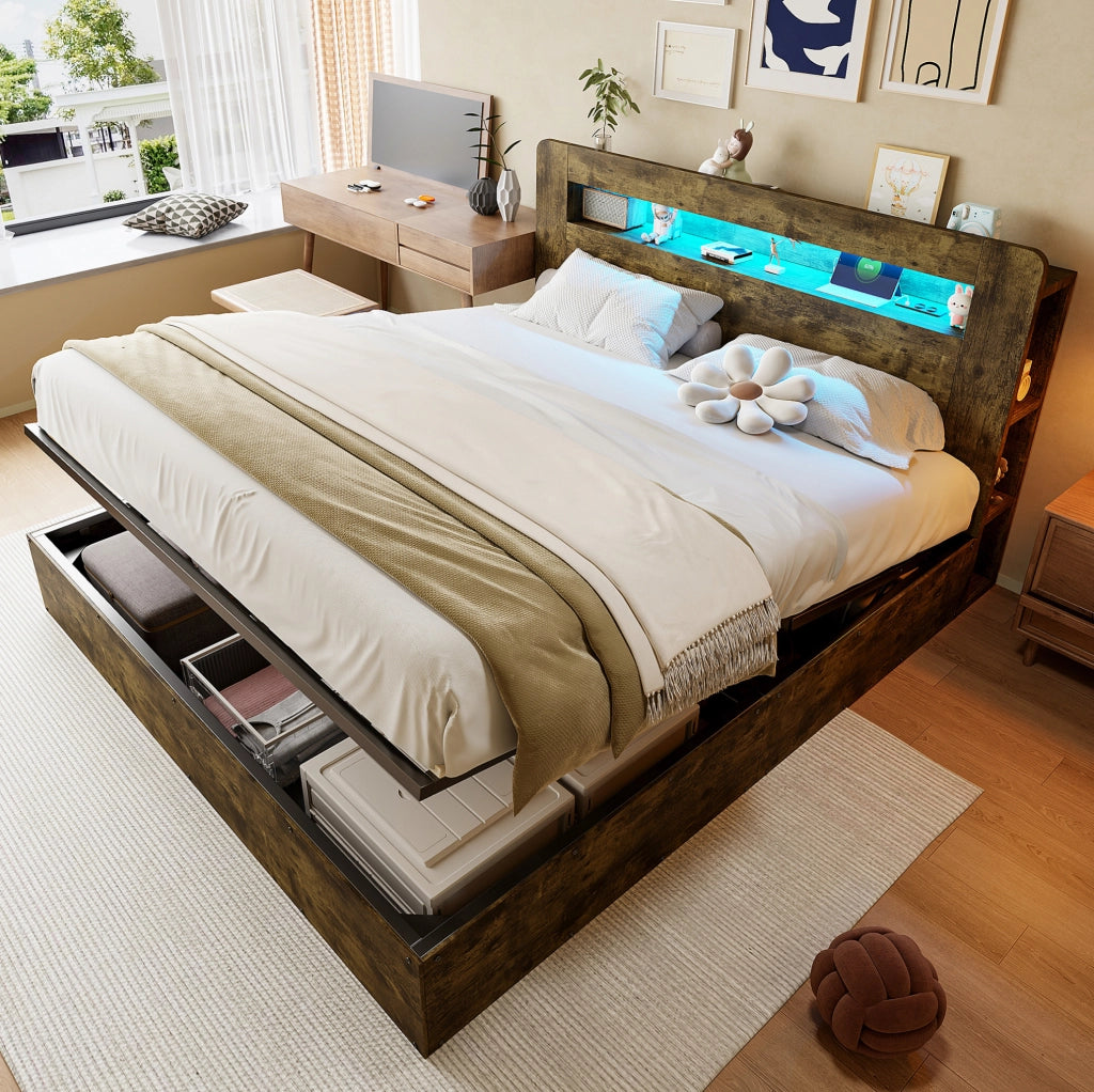 Letto matrimoniale contenitore con sollevamento idraulico; LED e prese integrate; 180x200 cm; legno vintage