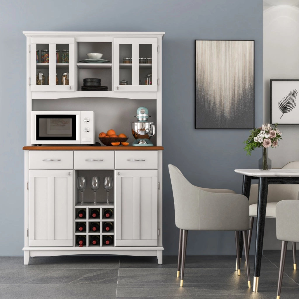 Credenza alta con ante in vetro temperato portabottiglie ripiani regolabili 3 cassetti-Mobile dispensa da cucina