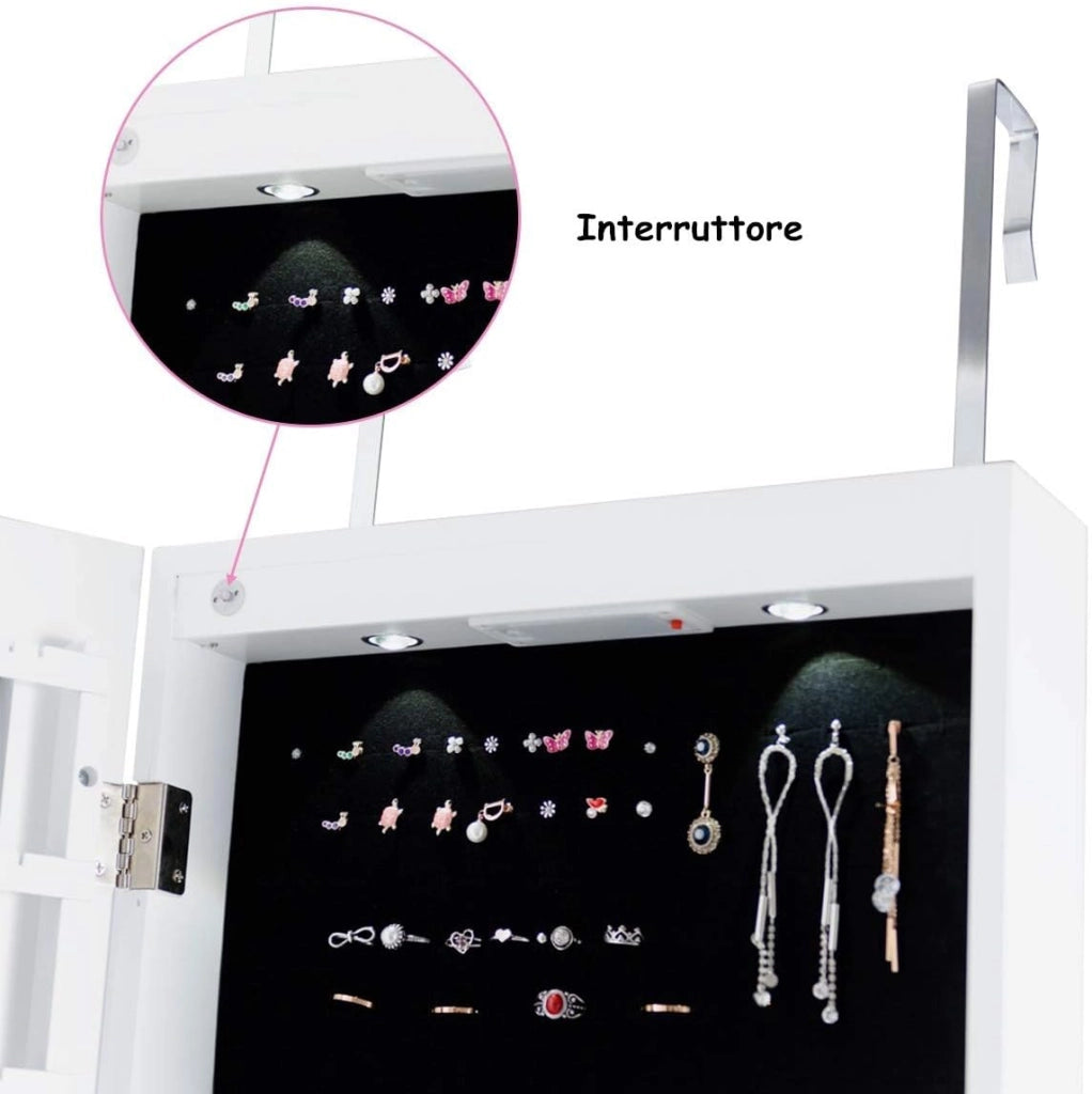 Armadietto per Gioielli con Specchio Portagioie, Specchiera da Parete con Luci LED, Bloccabile a Chiave, 33,5 x 10 x 120 cm (Bianco)