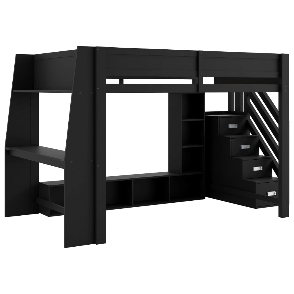 Letto alto in legno nero con scrivania stoccaggio a più livelli illuminazione led 140x200 cm
