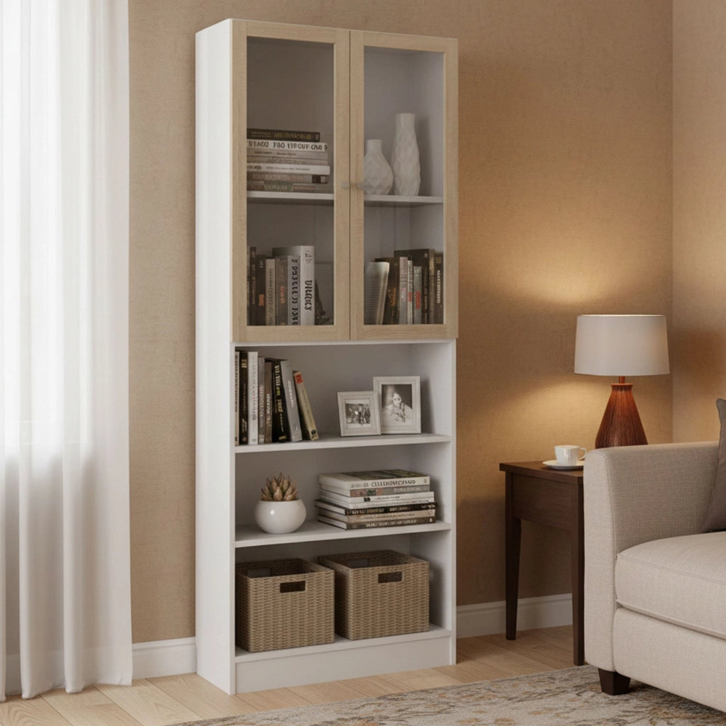 Libreria Chedeng, Scaffale da ufficio, Mobile portalibri, Biblioteca, 79x28 h203 cm, Bianco e Quercia