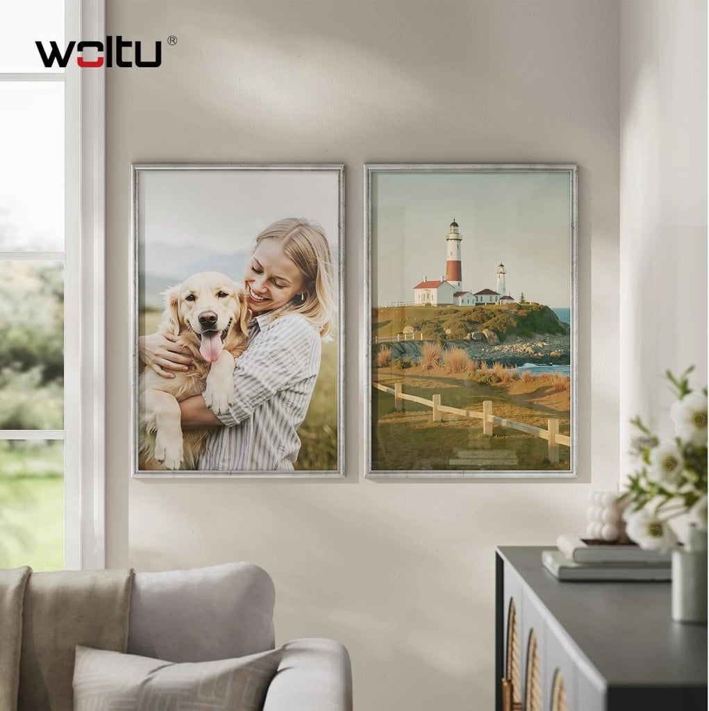 Set di 3 Cornici Foto 50x70 cm con Passepartout, Portafoto da Parete e Tavolo, Verticale o Orizzontale, in Legno Massiccio, Argento
