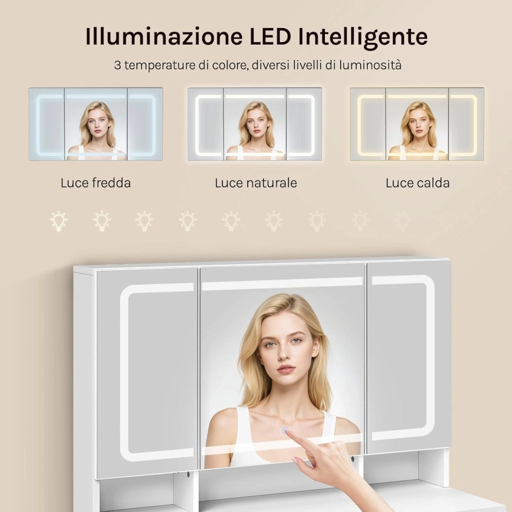 Toeletta con Specchio a LED, Luminosità Regolabile, Postazione Trucco con Scomparti Aperti e Ampio Cassetto, per Camera da Letto, Soggiorno, in Legno, Bianco, 90x40x135 cm