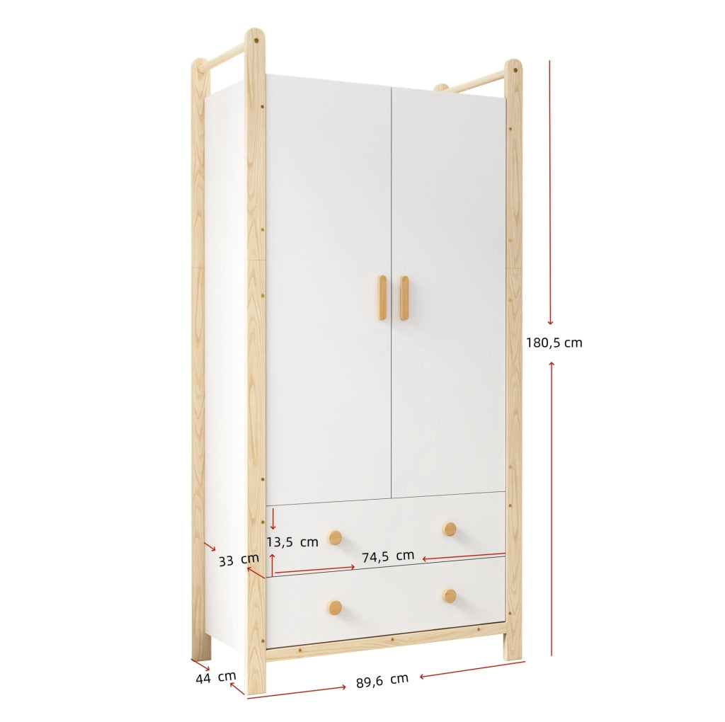 Armadio 2 ante con appendiabiti e 2 cassetti; 89.6 × 44 × 180.5 cm; bianco e naturale