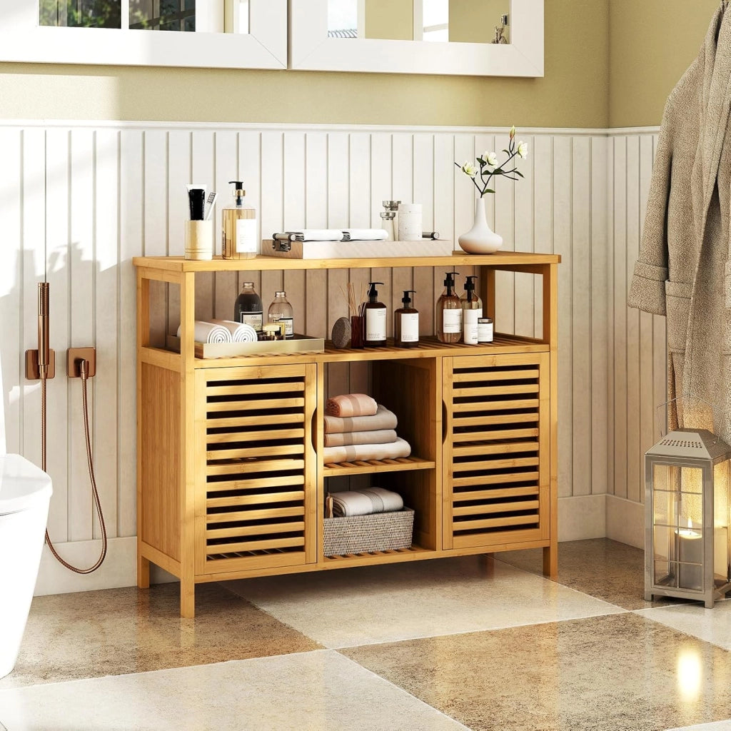 Armadietto da Bagno in Bambù, Organizzatore a 2 Ante con Scaffali, Unità di Stoccaggio Indipendente, Arredamento Domestico a Doghe per Soggiorno, Ingresso, Cucina e Sala da Pranzo