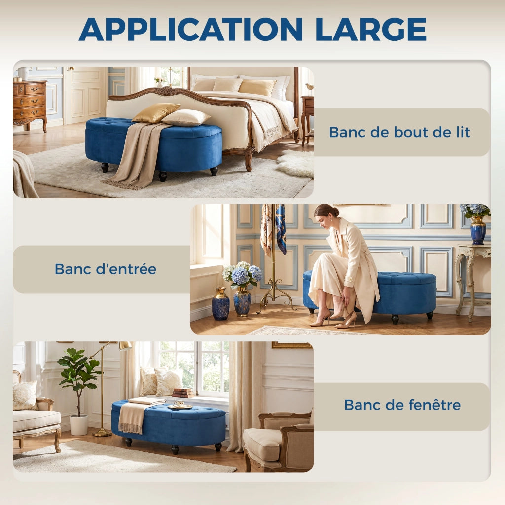 Pouf Contenitore 2 in 1 Capitonnato ¨C Zephmum ¨C Semicerchio in Velluto Blu con Piedi in Legno