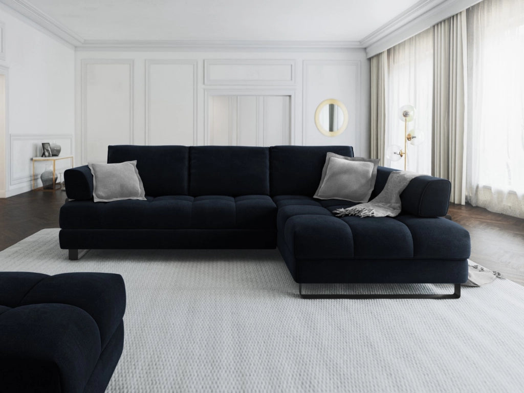 Cosmopolitan Design - Divano convertibile angolare destro con contenitore "Clinton" 5 posti in velluto blu scuro 