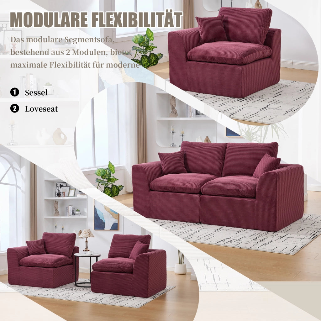 OKWISH Divano 2 Posti, Seduta Imbottita con Cuscini e Design Minimalista, Tessuto a Coste, Rosso Vino