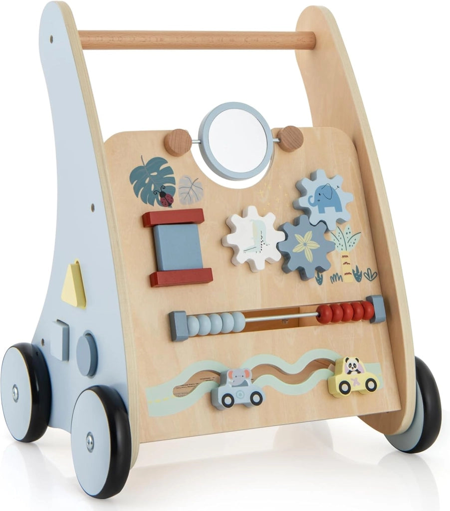 Carello Primi Passi in Legno per Bambini, Girello Montessori con Centro Attività, Ruote e Cestino Portaoggetti, Gioco Educativo per Bambini 12 + Mesi (Modello 5)