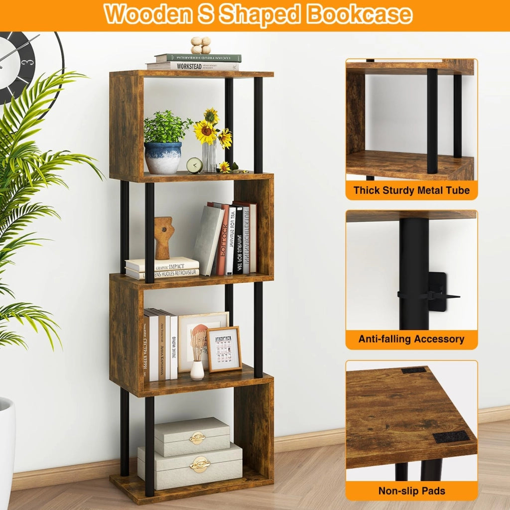 Libreria Scaffale a 5 Livelli, S, Libreria Verticale Stile Moderno, Scaffali Espositivi in Metallo per Soggiorno, Camera Da Letto, Ufficio, Marrone Rustico WBC015H