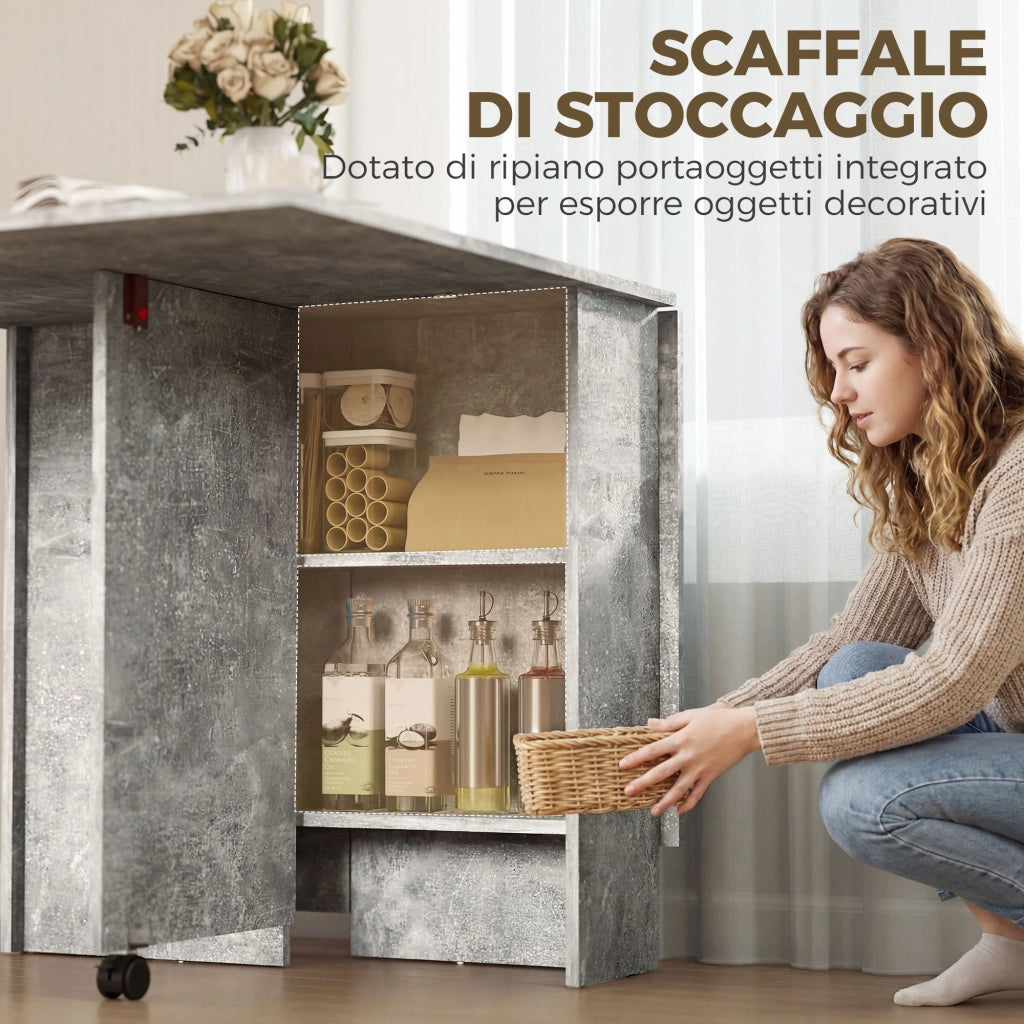 Tavolo da Pranzo Pieghevole 140x80x74 cm con Ripiani Ribalta e Ruote in Melamina Grigio Cemento