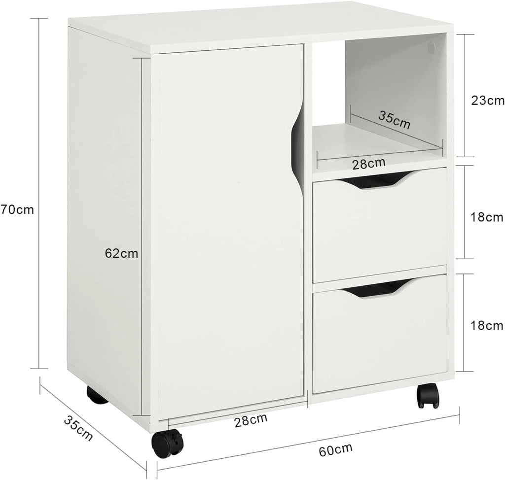 Cassettiera da Scrivania Ufficio su Ruote Cassettiera Ufficio con 2 Cassetti, 1 Anta e 1 Ripiano Aperto Carrello Tavolino Comodino Piccolo Comodino Bianco L60xP35xA70cm FBT105-W