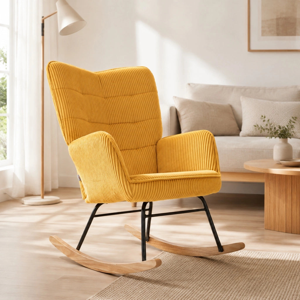 Poltrona a dondolo 98x71x101 cm con schienale trapuntato in velluto a coste; acciaio giallo