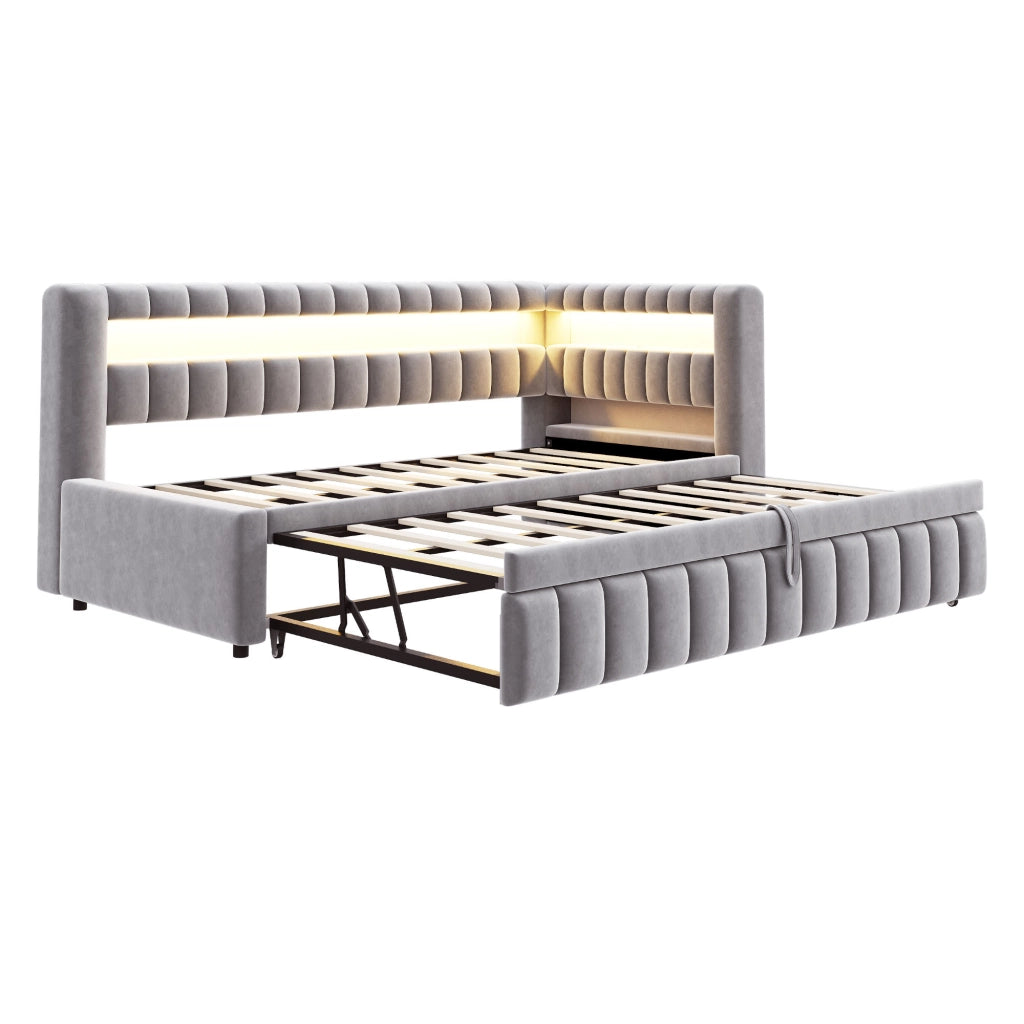 Letto imbottito estraibile 90x200 cm con LED, porte USB e Type-C, velluto grigio chiaro