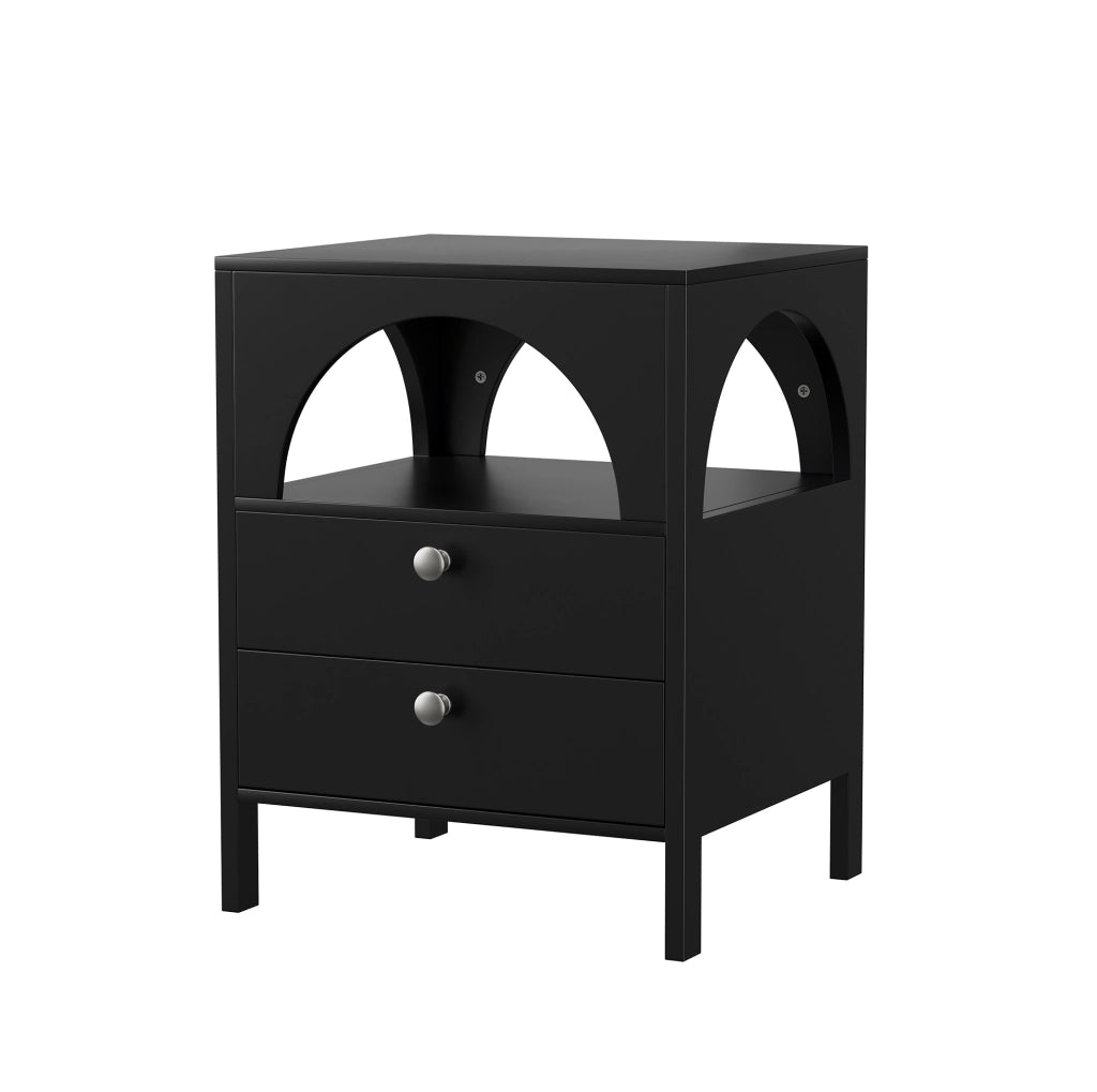 Comodino nero con 2 cassetti e vano aperto
