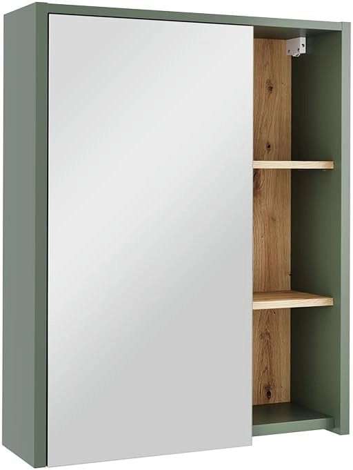Mobile a specchio per bagno Viola, Verde/Artigianale, 60 x 75 cm con ripiani aperti, adatto al montaggio a parete per l'uso in bagno