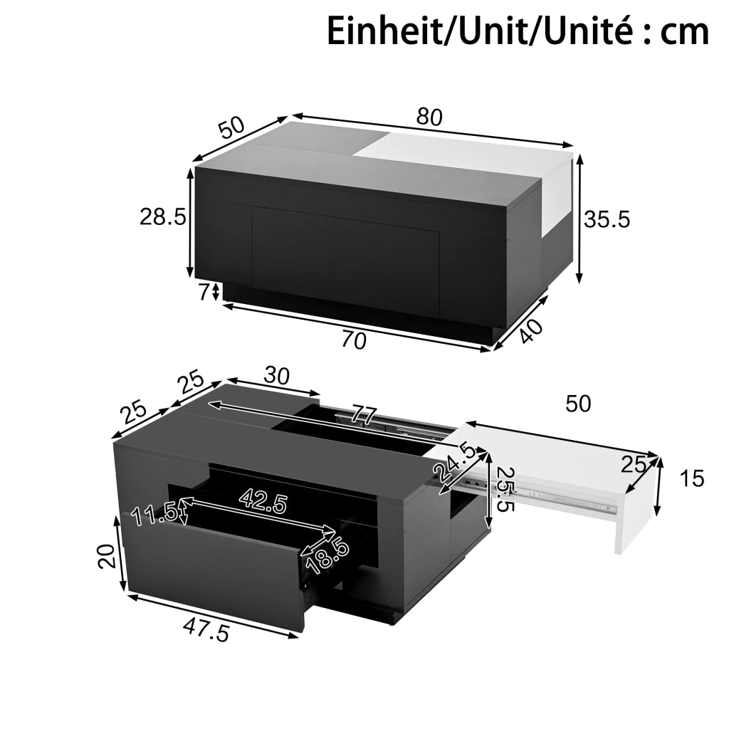 Tavolino da salotto alzabile con 1 Cassetto nascosto e LED Bluetooth; finitura lucida; in MDF; Nero e Bianco