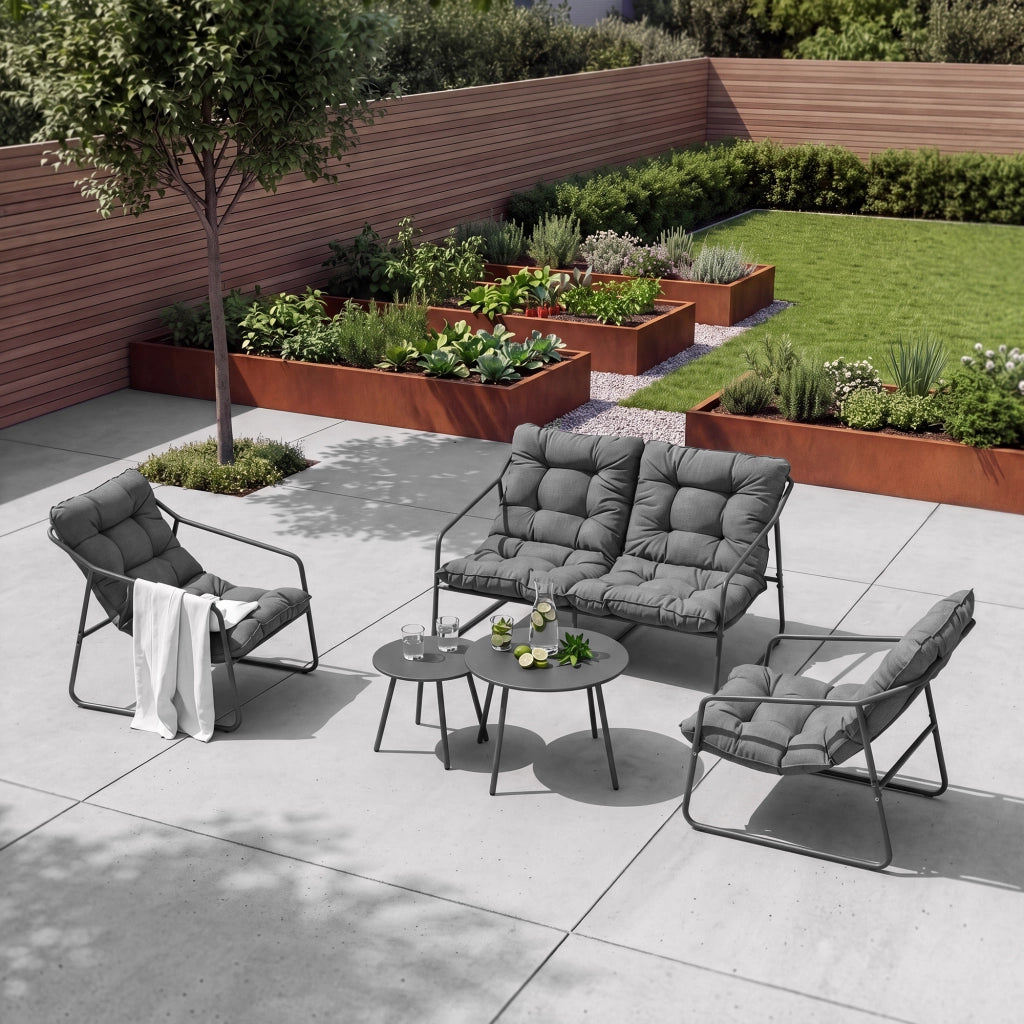 Set di 5 Mobili da Giardino Kivanta 2 Tavolini Rotondi 2 Poltrone e Divano - Grigio Scuro [en.casa]