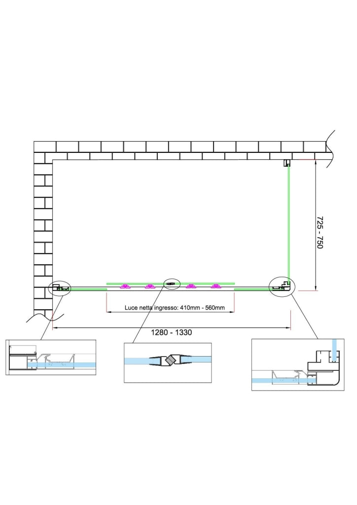 Box doccia 6 mm H 190 parete fissa e porta a 4 ante con apertura centrale MISURA 72,5-75 ANTA FISSA + PORTA 128-133
