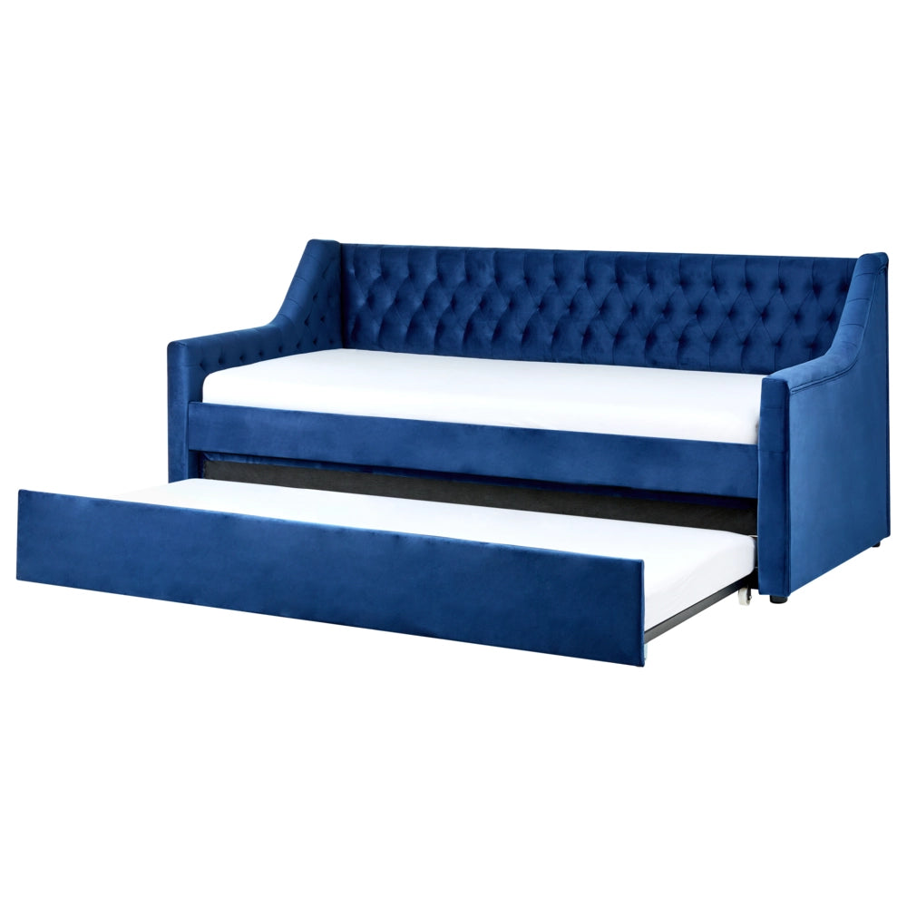 Letto da Giorno Estraibile in Velluto di colore blu con Rete a Doghe zona notte