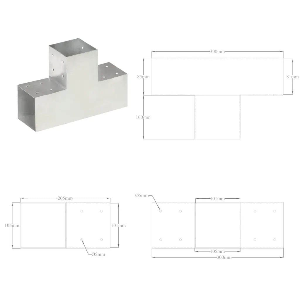 Connettori Pali a Forma di T 4 pz in Metallo Zincato 101x101 mm 145480