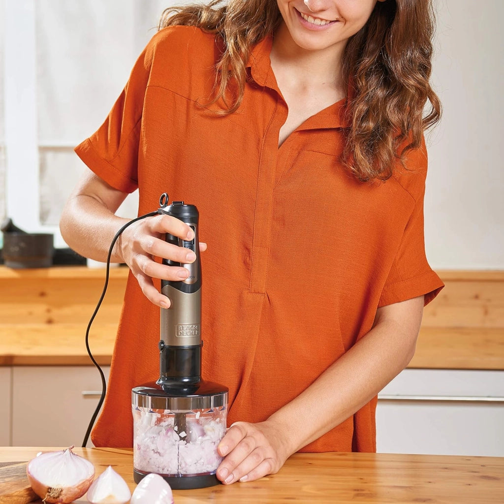 Black+decker bxhba1000e frullatore a immersione, con accessori, 1000 w, inox/plastica, nero/acciaio