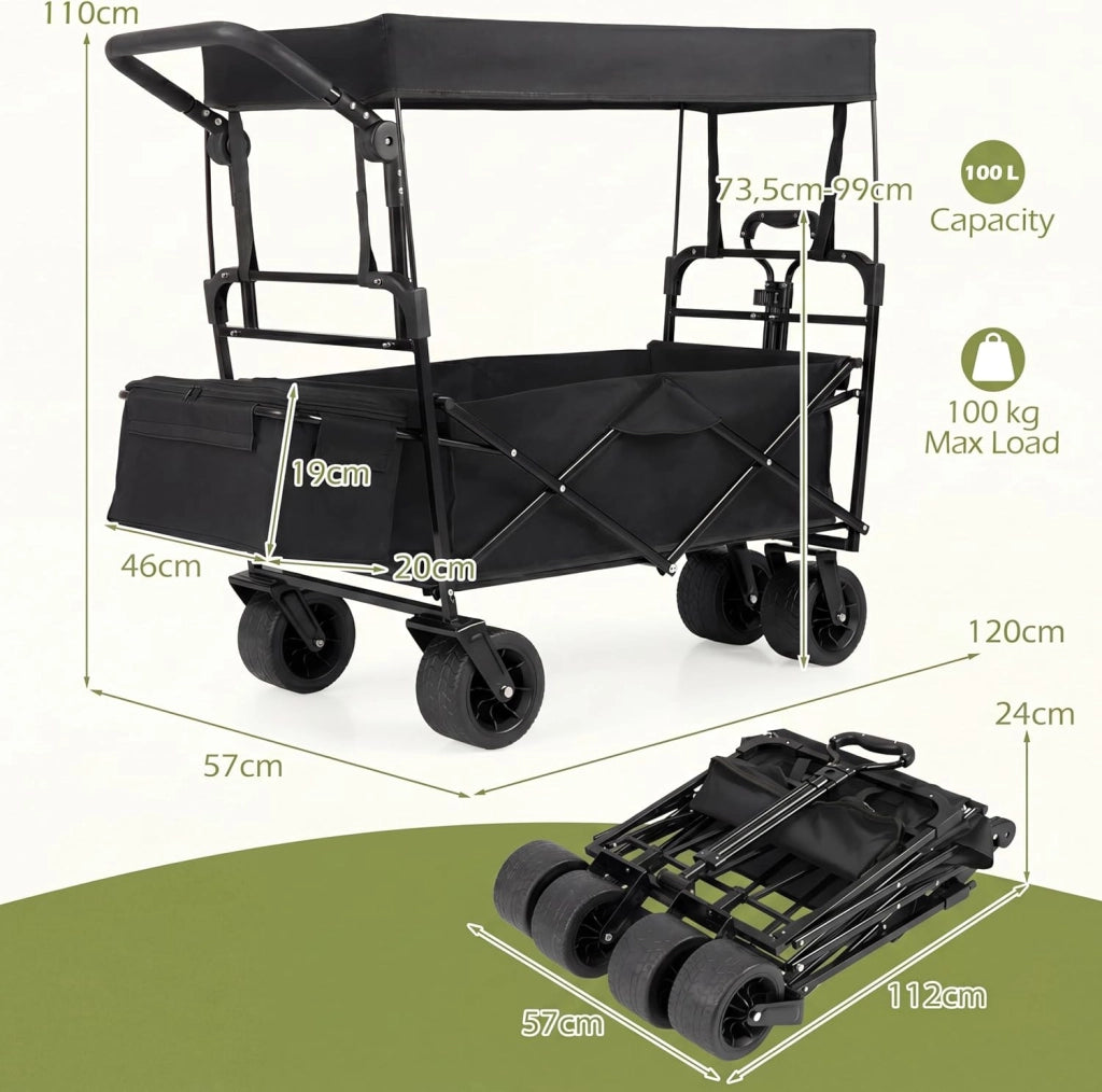 Carrello Spiaggia Pieghevole con Tetto, Carrello da Trasporto con Ruote Grandi e Borsa Portatutto, Carrello da Campeggio e Giardino, in Acciao Resistente, Chiusura Rapida, 100 KG, 100L (Nero)