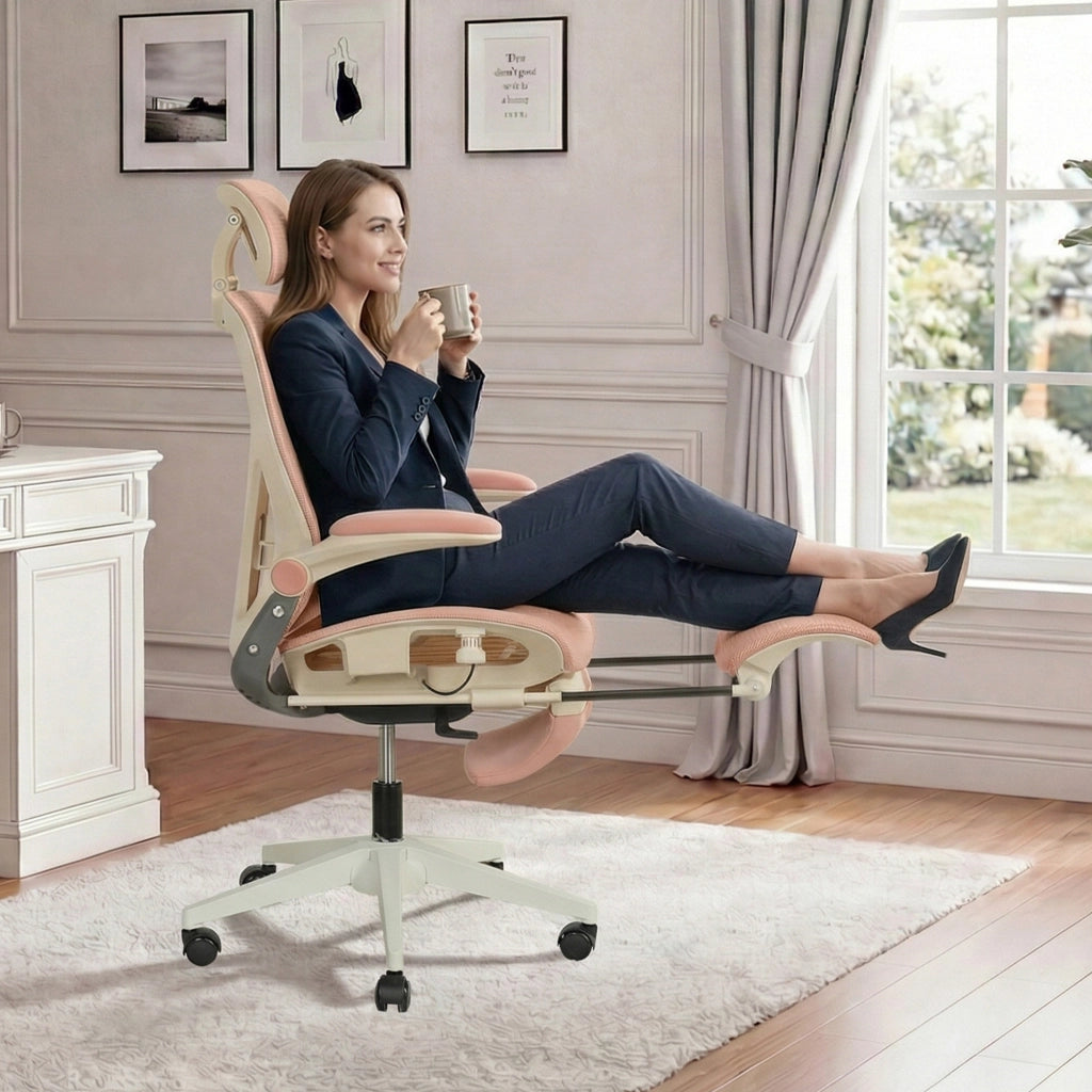 Sedia da ufficio pieghevole ergonomica in rete con poggiatesta 3D e supporto lombare regolabile rosa
