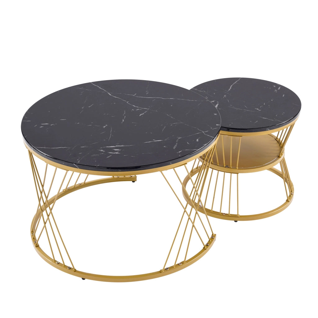 Tavolini da salotto 70x70x47 cm e 45x45x40 cm; set impilabile effetto marmo; MDF nero