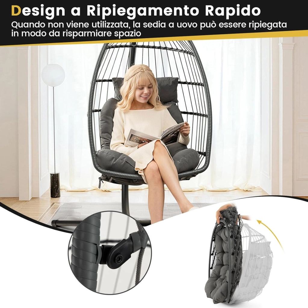 Set Sedia a Uovo Sospesa, Sedia Amaca con Cuscino, Set Altalena in Vimini da Interno/Esterno, Altalena da Giardino con Supporto in Metallo, Portata 150 kg