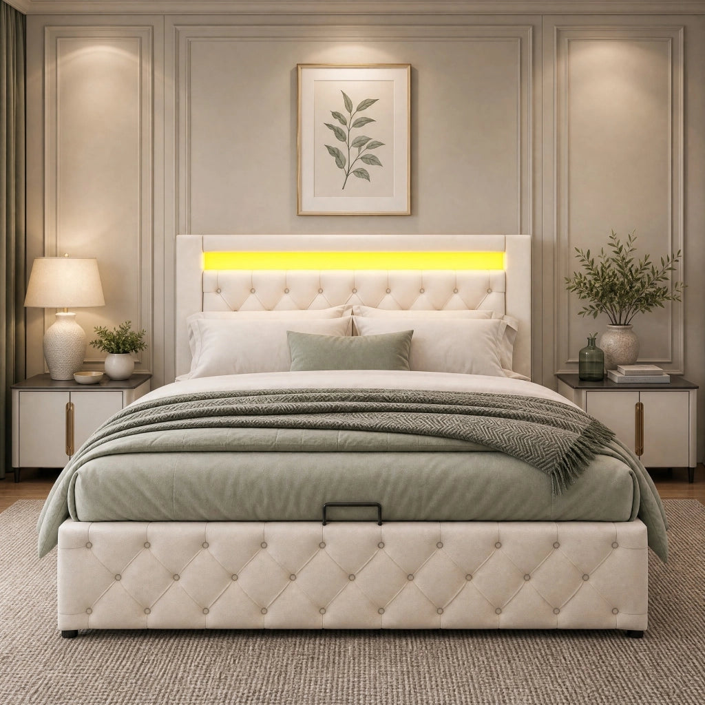 Letto imbottito 140 x 200 cm con rete a doghe, contenitore e illuminazione LED, bianco, PU