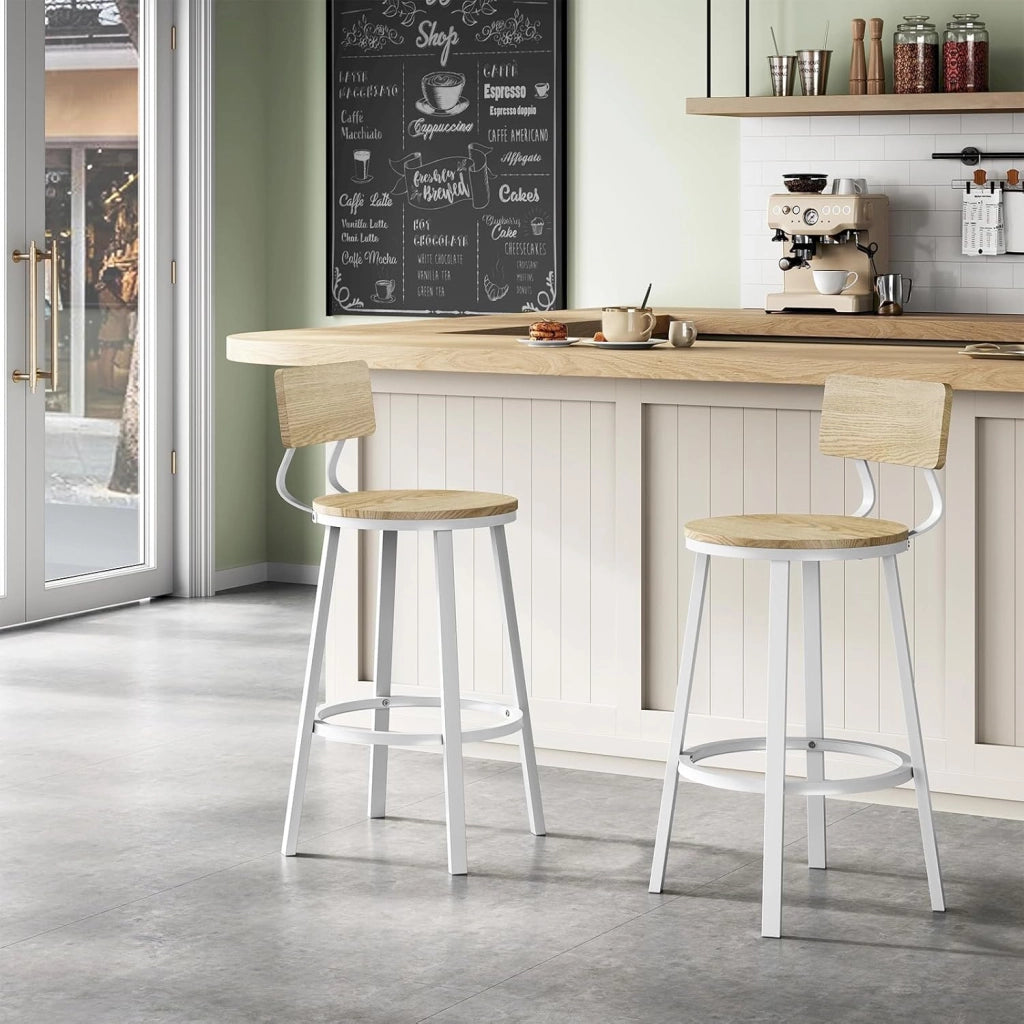 Sgabelli Cucina Set di 4, Sgabelli da Bar per Colazione, con Poggiapiedi e Schienale, Struttura in Metallo, Effetto Legno Chiaro
