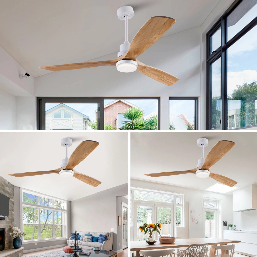 Ventilatore a soffitto da 60 pollici in legno massello con LED regolabile; telecomando; Natural e Bianco