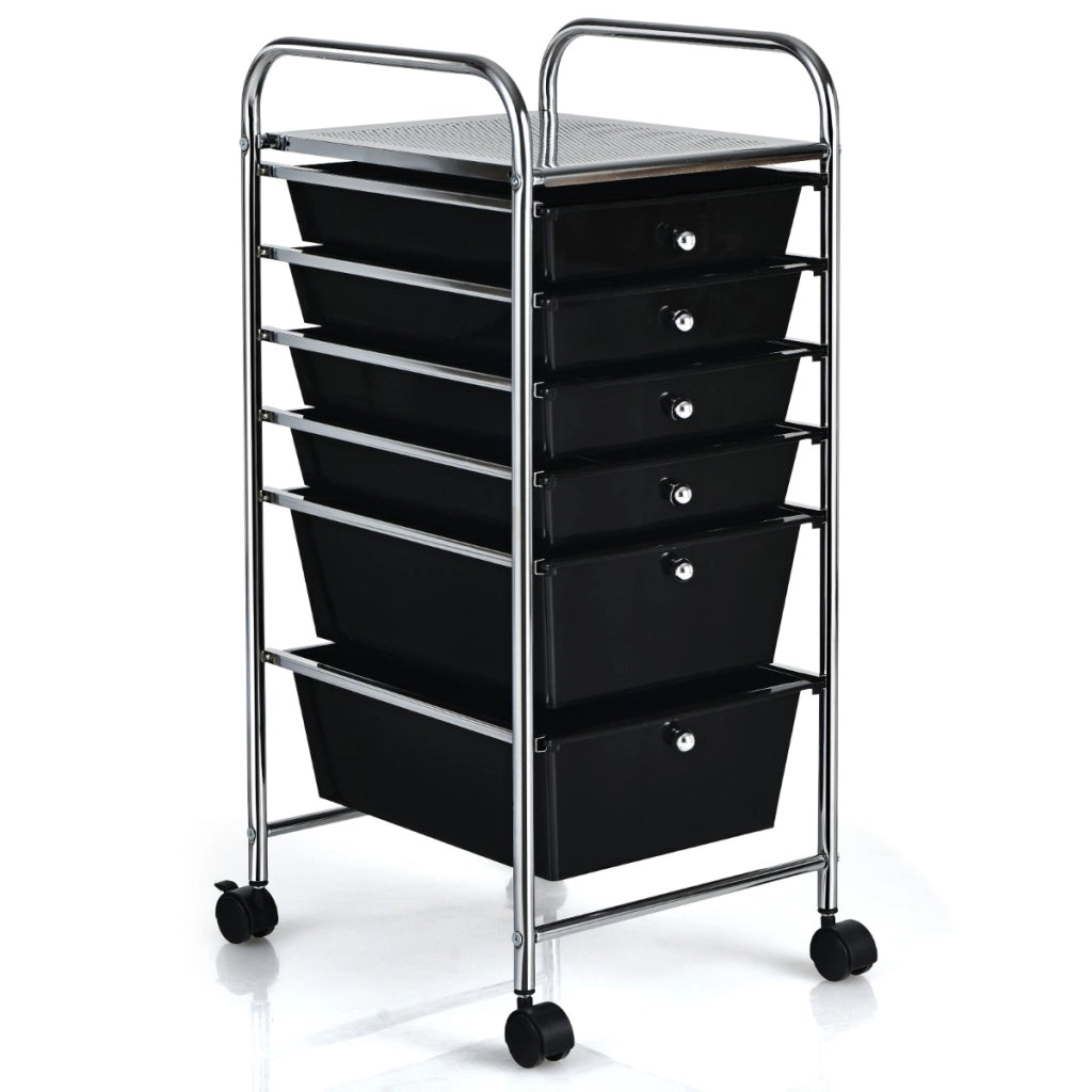 Carrello cassettiera multiuso con 6 cassettiera in plastica con ruote, Carrello per cucina 43,5x34x76cm Nero-Armadi da ufficio