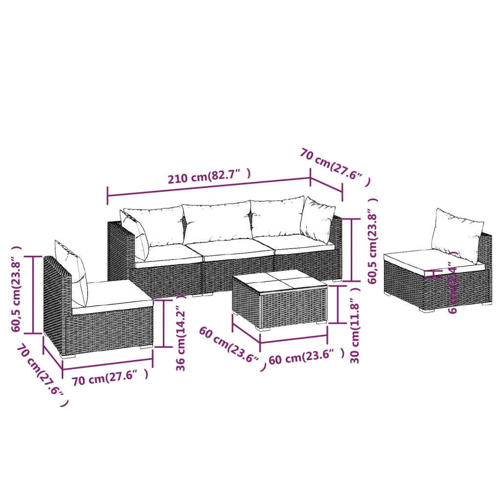 Set Divani da Giardino 6 pz con Cuscini in Polyrattan Nero cod mxl 34586