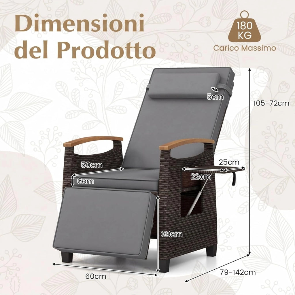 Poltrona Reclinabile da Giardino, Sedia Relax Esterno in Rattan con Schienale Regolabile a 150°, Poggiapiedi e Tavolino Pieghevole, Portata 180 kg, per Patio, Cortile e Terrazzo (Grigio,1)